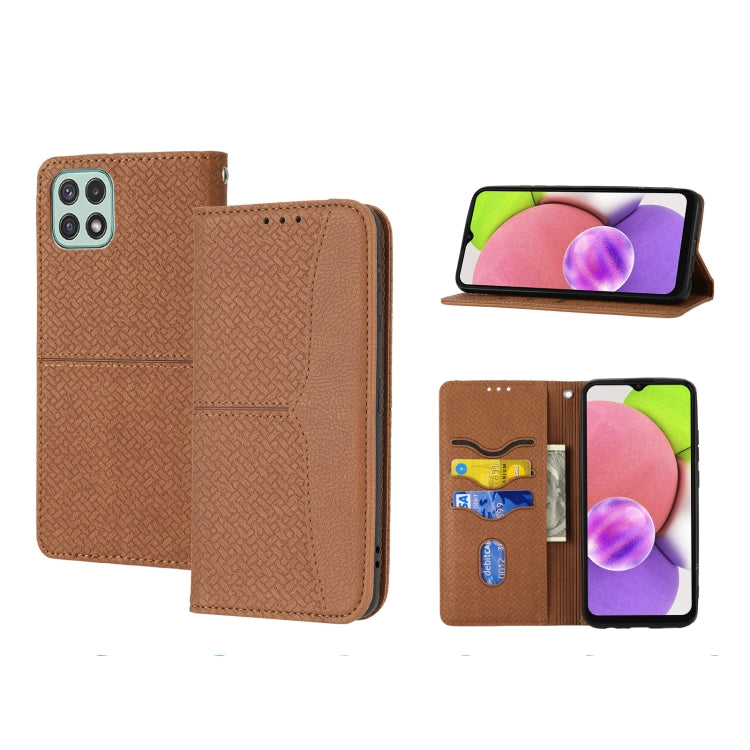 Magnetic flip phone case with woven texture, brown, card slots and camera cutout