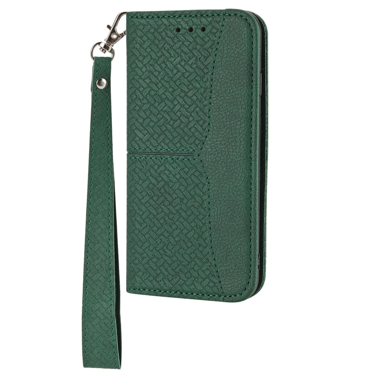 Green woven PU leather phone case with flip cover, wrist strap, and camera cutouts