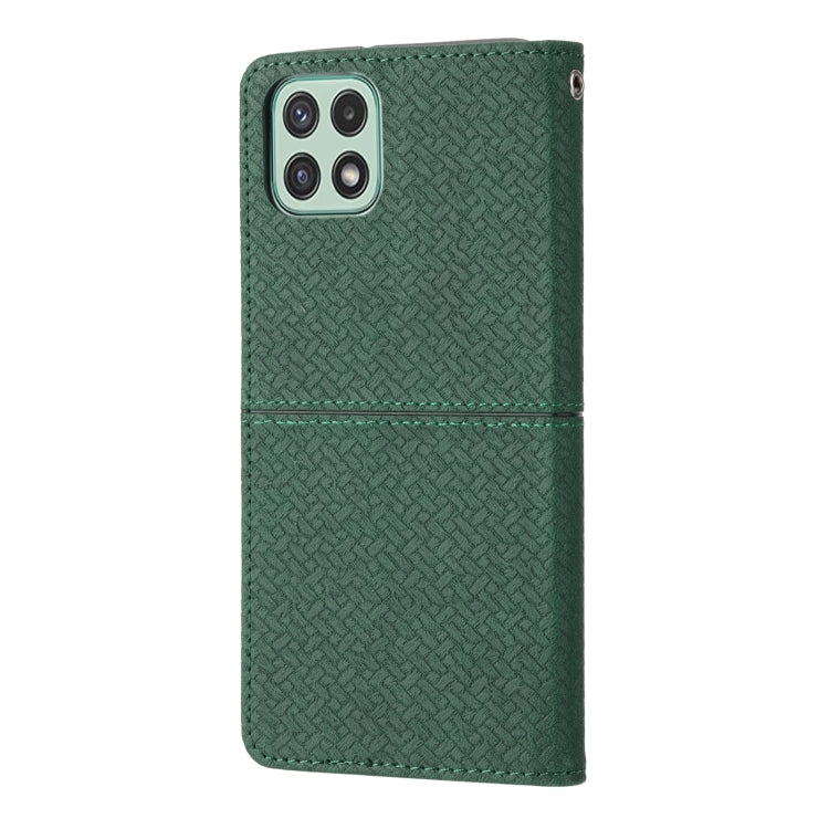 Green woven PU leather phone case with front flap and camera openings