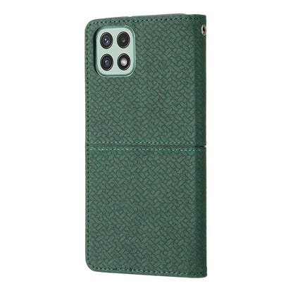 Green woven PU leather phone case with front flap and camera openings