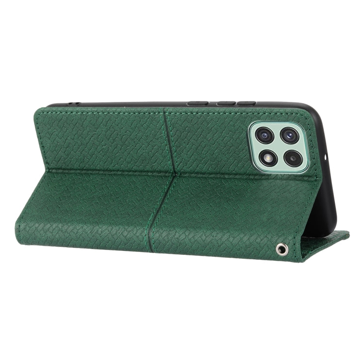 Green stand-up flip phone case with camera cutout and textured PU leather