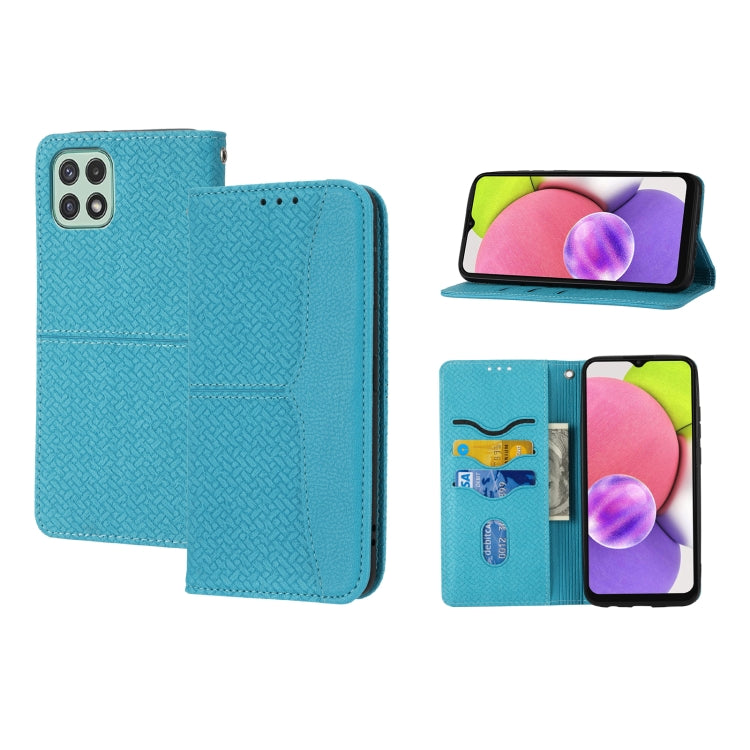 Woven magnetic flip phone case in turquoise blue PU leather with card slots and horizontal stand