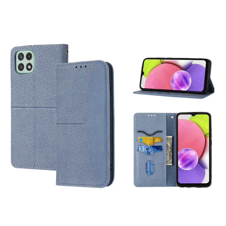 Magnetic flip phone case with woven texture, light gray, card slots and camera cutout