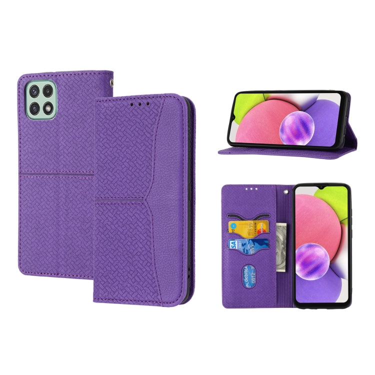 Magnetic flip phone case with woven texture, purple, card slots and camera cutout