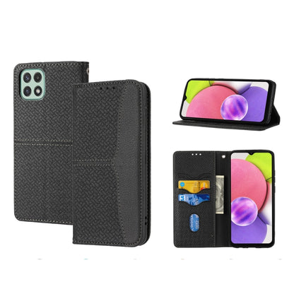 Magnetic flip phone case with woven texture, dark gray/black, card slots and stand