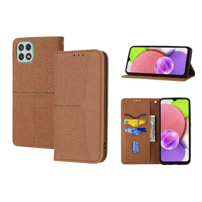 Magnetic flip phone case with woven texture, brown, wallet-style interior slots