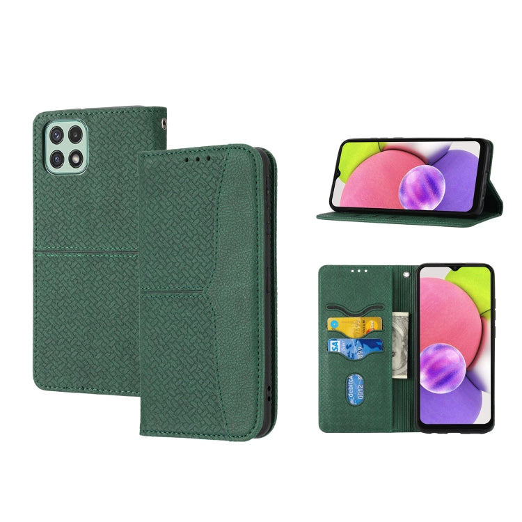Woven magnetic flip phone case in dark green PU leather with card slots and horizontal stand