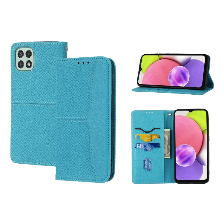 Magnetic flip phone case with woven texture, blue, card slots and camera cutout