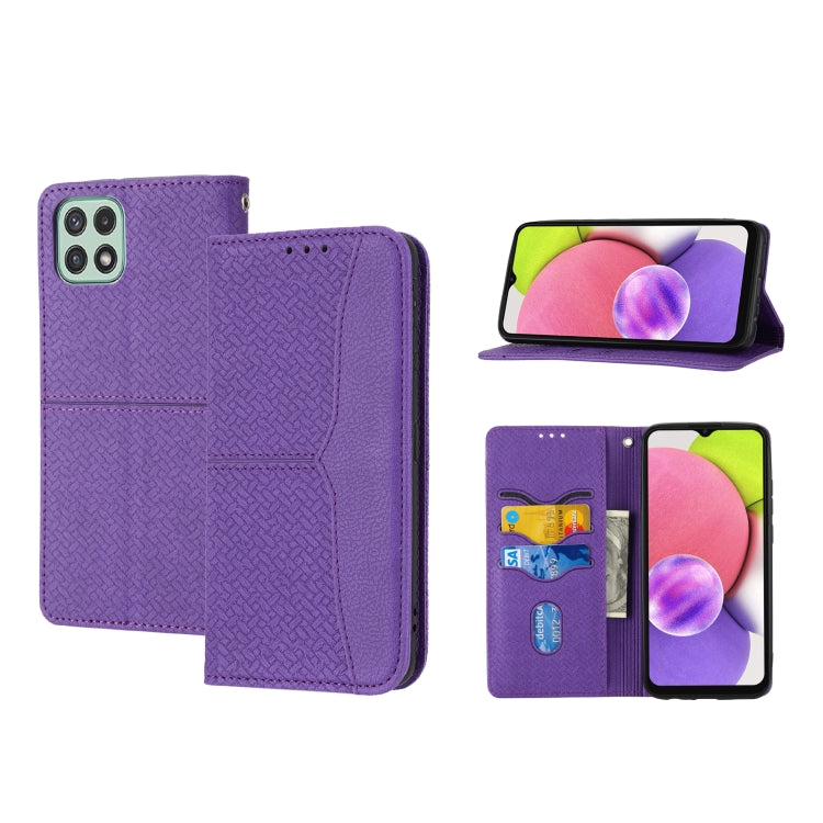 Magnetic flip phone case with woven texture, purple, horizontal flip stand view