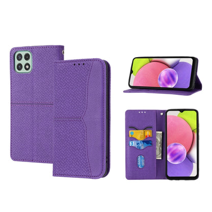 Magnetic flip phone case with woven texture, purple, horizontal flip stand view