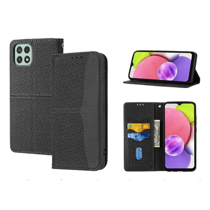 Magnetic flip phone case with woven texture, dark gray/black, card slots and stand