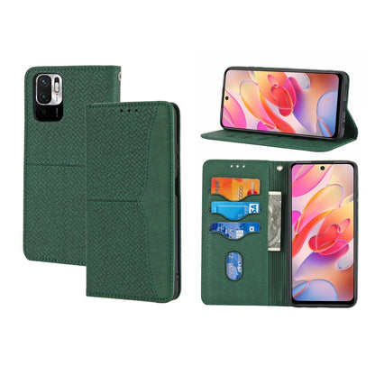 Green woven flip phone case showing card slots and stand viewing