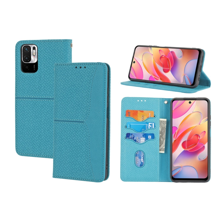 Blue woven PU leather phone case with magnetic flip cover, card slots, and camera cutouts