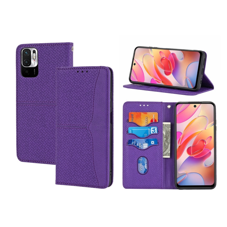 Woven magnetic flip phone case in purple PU leather with card slots and horizontal stand