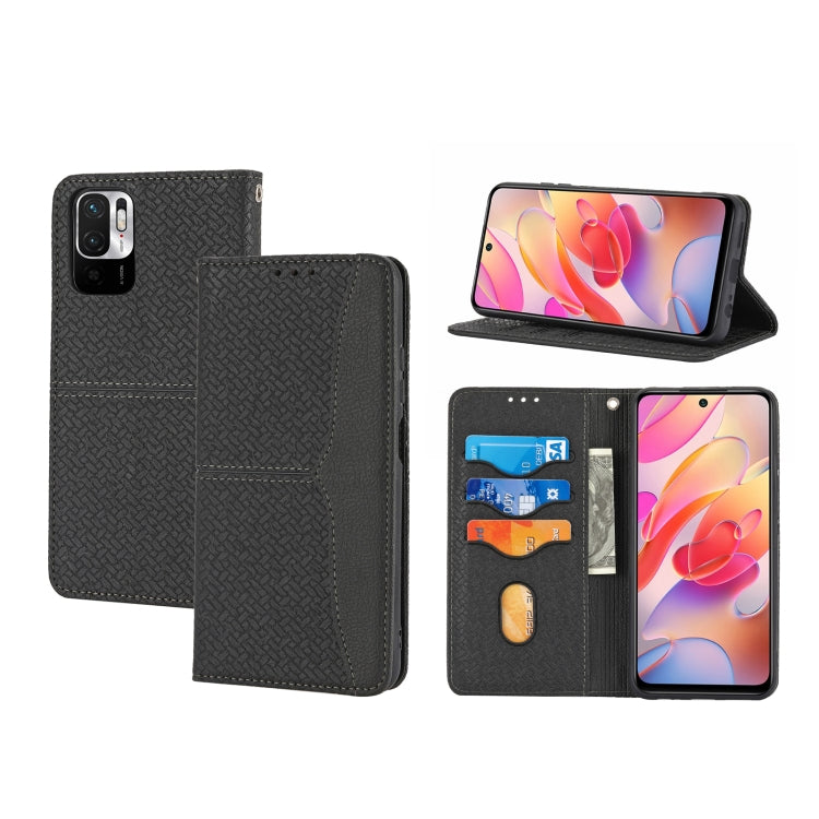 Woven magnetic flip phone case in black PU leather with card slots and horizontal stand