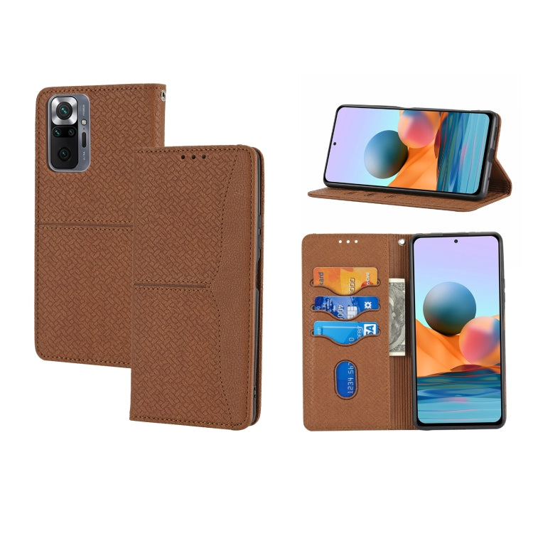 Woven magnetic flip phone case in brown PU leather with card slots and horizontal stand