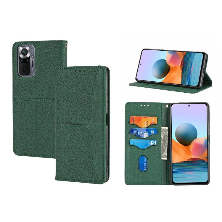 Woven magnetic flip phone case in forest green PU leather with card slots and horizontal stand