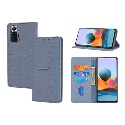 Woven magnetic flip phone case in light gray PU leather with card slots and horizontal stand