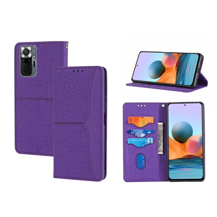 Woven magnetic flip phone case in purple PU leather with card slots and horizontal stand
