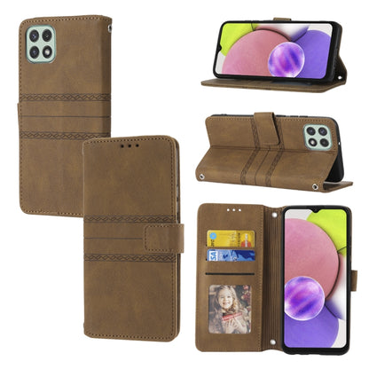 Embossed striped magnetic buckle leather flip phone case, brown, card slots and viewing stand