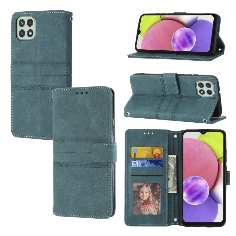 Embossed striped magnetic buckle leather flip phone case, teal, card slots and viewing stand