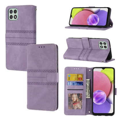Lavender leather flip phone case with magnetic buckle, embossed stripes, card slots