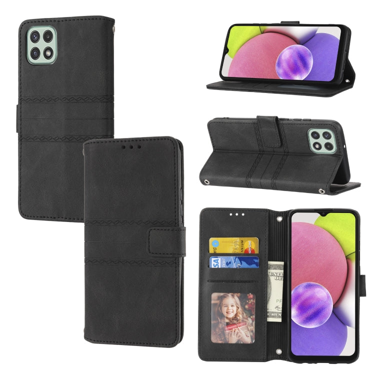 Black leather flip phone case with magnetic buckle and card slots, horizontal kickstand