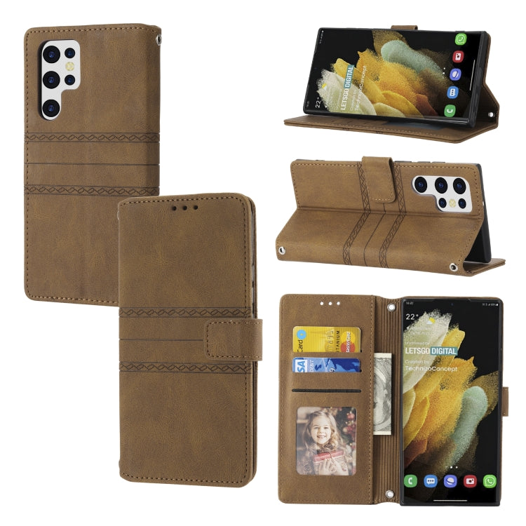 Embossed striped magnetic buckle leather flip phone case, brown, card holder and flip cover