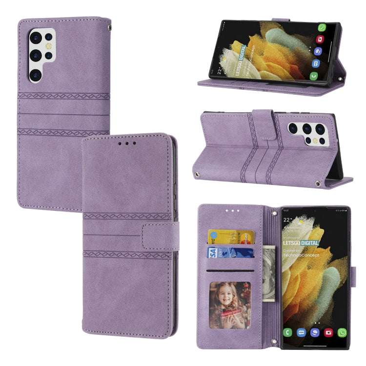 Lavender leather flip phone case with magnetic buckle and card pockets, phone in holder