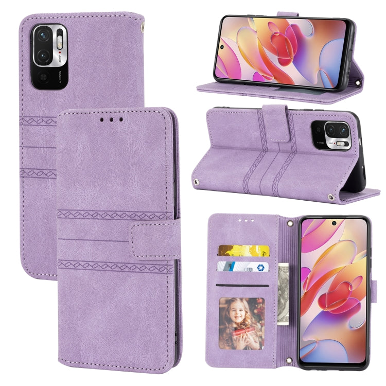 Purple leather flip phone case with embossed stripes, magnetic buckle, and card slots