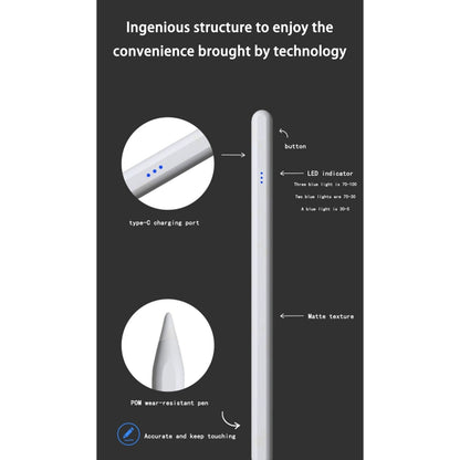 Universal active capacitive stylus pen, side view with button and Type-C charging port.