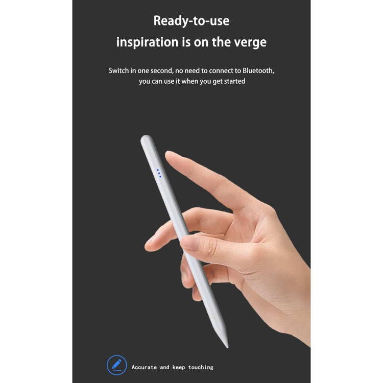 Universal active capacitive stylus pen held in hand, light gray body with blue LEDs.
