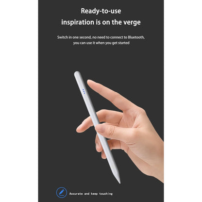 Universal active capacitive stylus pen held in hand, light gray body with blue LEDs.