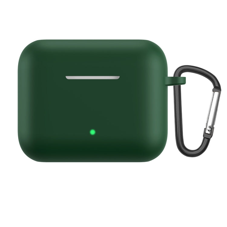 Dark night green silicone earbud protective case with metal hook and loop, charging status LED