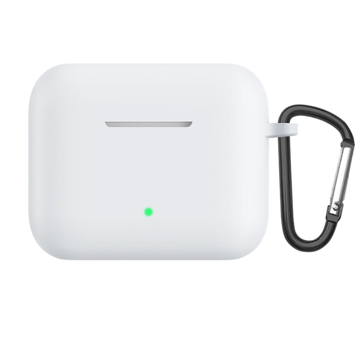 White silicone earbud protective case with metal hook and loop, charging status LED