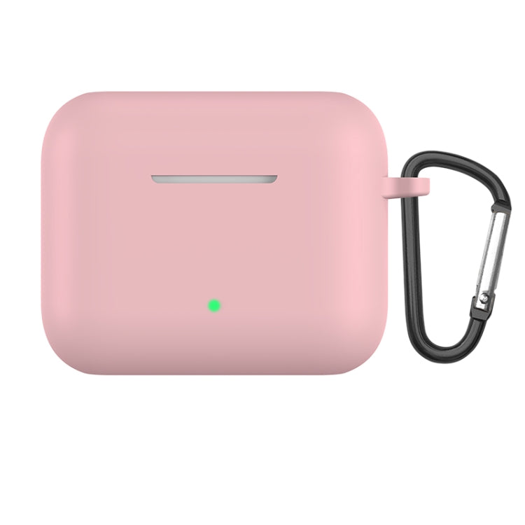 Pink silicone earbud protective case with metal hook and loop, charging status LED
