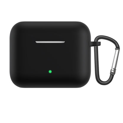 Black silicone earbud protective case with metal hook and loop, charging status LED