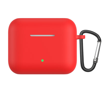 Red silicone earbud protective case with metal hook and loop, charging status LED