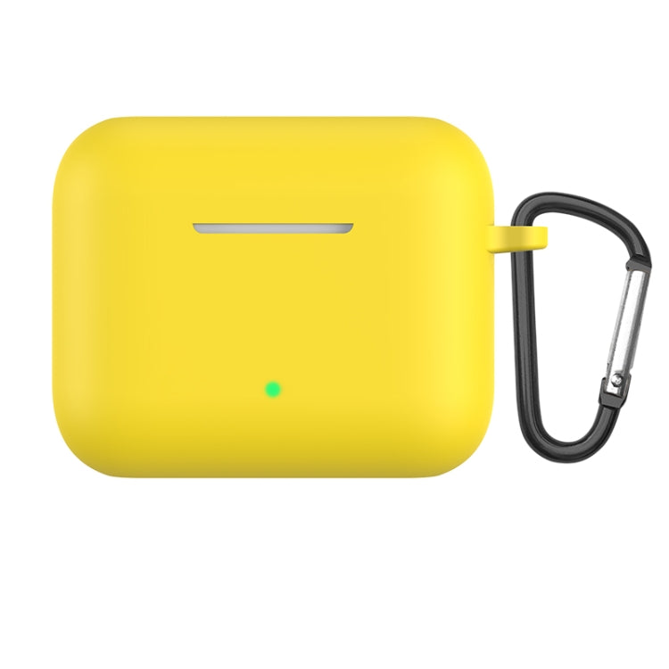Yellow silicone earbud protective case with metal hook and loop, charging status LED