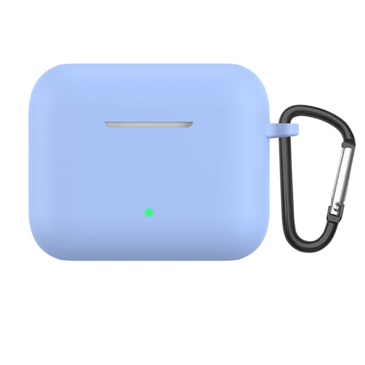 Sky blue silicone earbud protective case with metal hook and loop, charging status LED