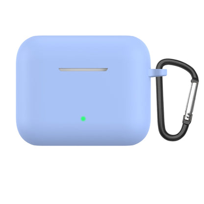 Sky blue silicone earbud protective case with metal hook and loop, charging status LED