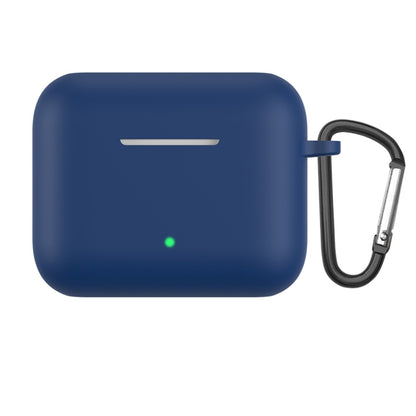 Midnight blue silicone earbud protective case with metal hook and loop, charging status LED