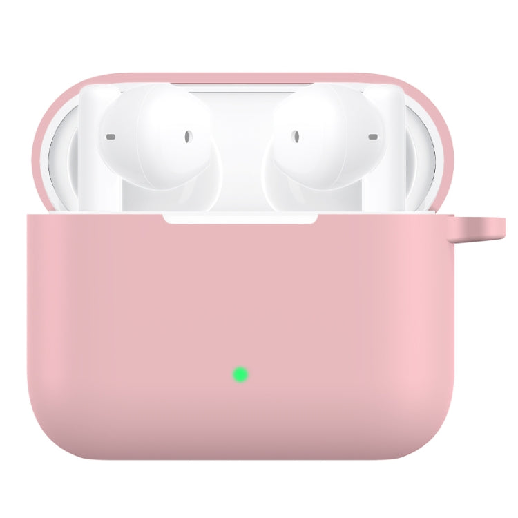 Pink open silicone earbud case with earbuds inside and metal hook loop, charging status LED