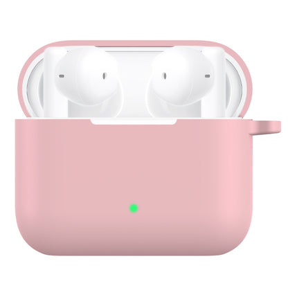 Pink open silicone earbud case with earbuds inside and metal hook loop, charging status LED