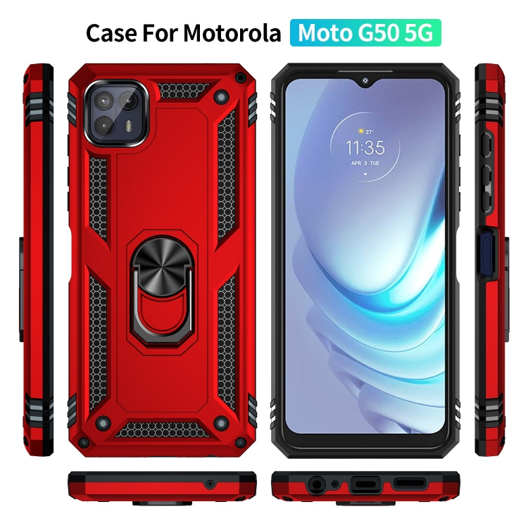 Red rugged phone case with rotating ring holder, shown front, back, and side