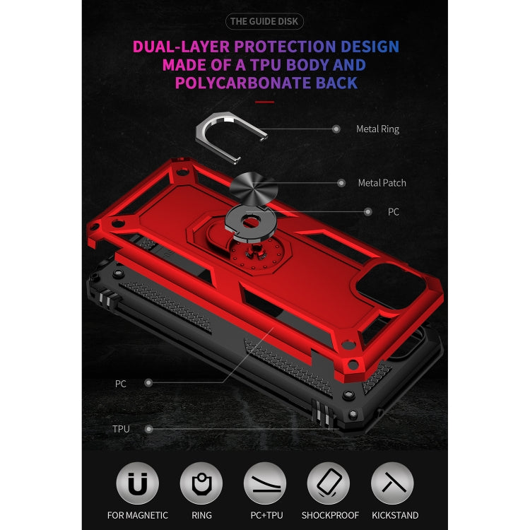 Red dual-layer rugged phone case with metal ring kickstand and textured grip