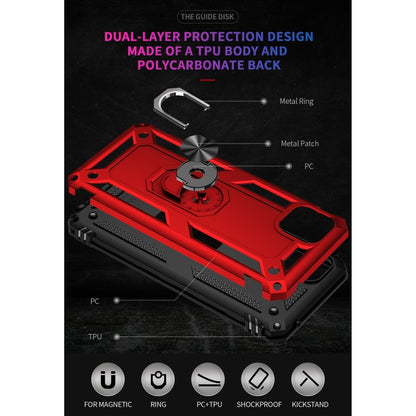 Red dual-layer rugged phone case with metal ring kickstand and textured grip