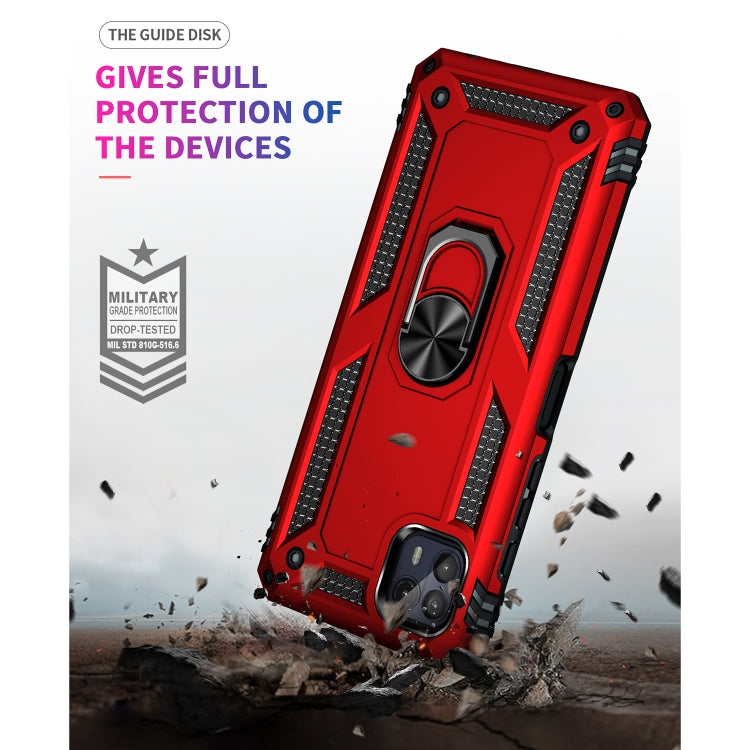 Red shockproof rugged phone case with metal ring kickstand, drop-protection style