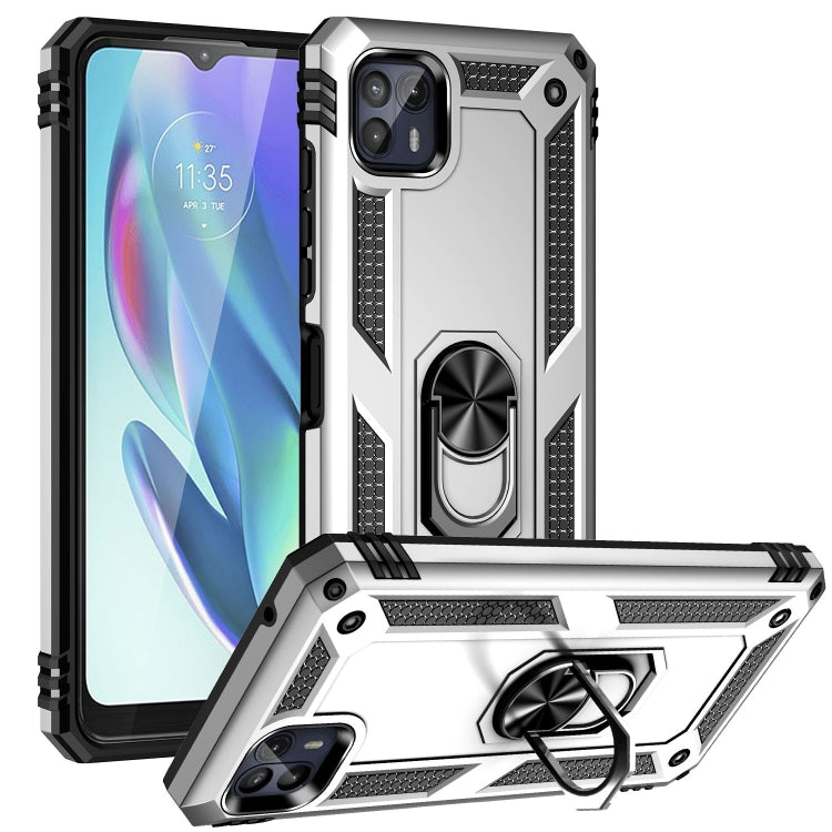 Shockproof protective phone case with rotating holder, black/silver, front and back view