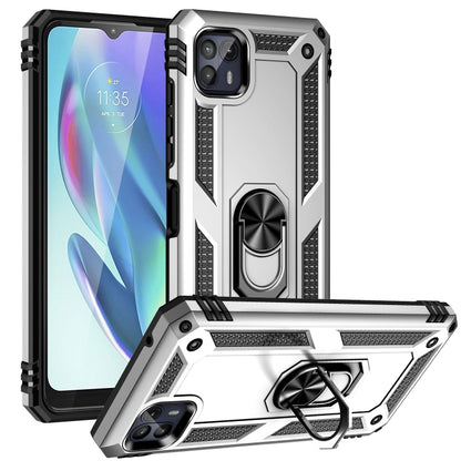 Shockproof protective phone case with rotating holder, black/silver, front and back view